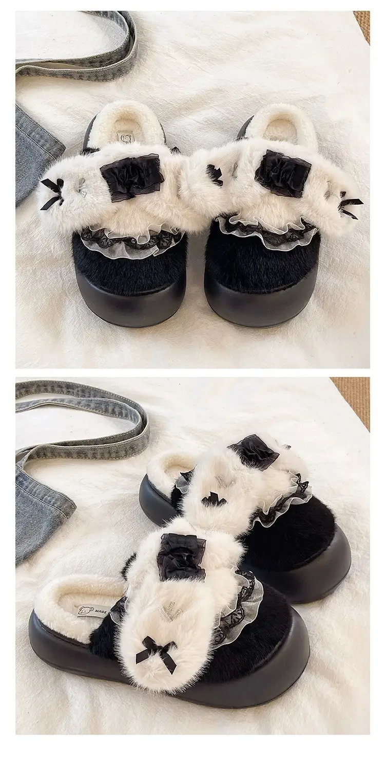 Cute Lace Bow Toe Cotton Slippers for Women in Winter Fleece-Lined to Keep Warm at Home and Outside Non-Slip Furry Slippers — feature 4