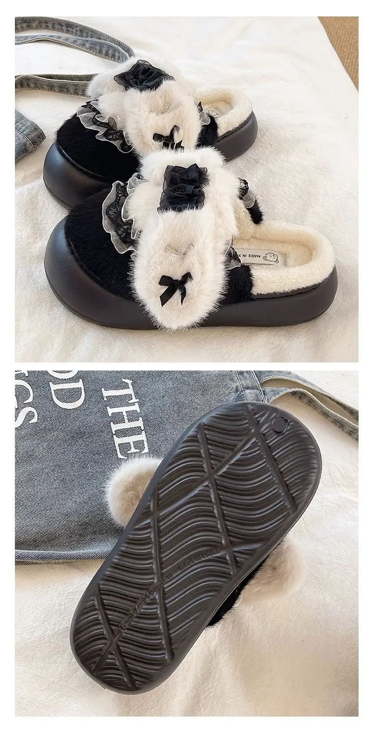 Cute Lace Bow Toe Cotton Slippers for Women in Winter Fleece-Lined to Keep Warm at Home and Outside Non-Slip Furry Slippers — feature 5