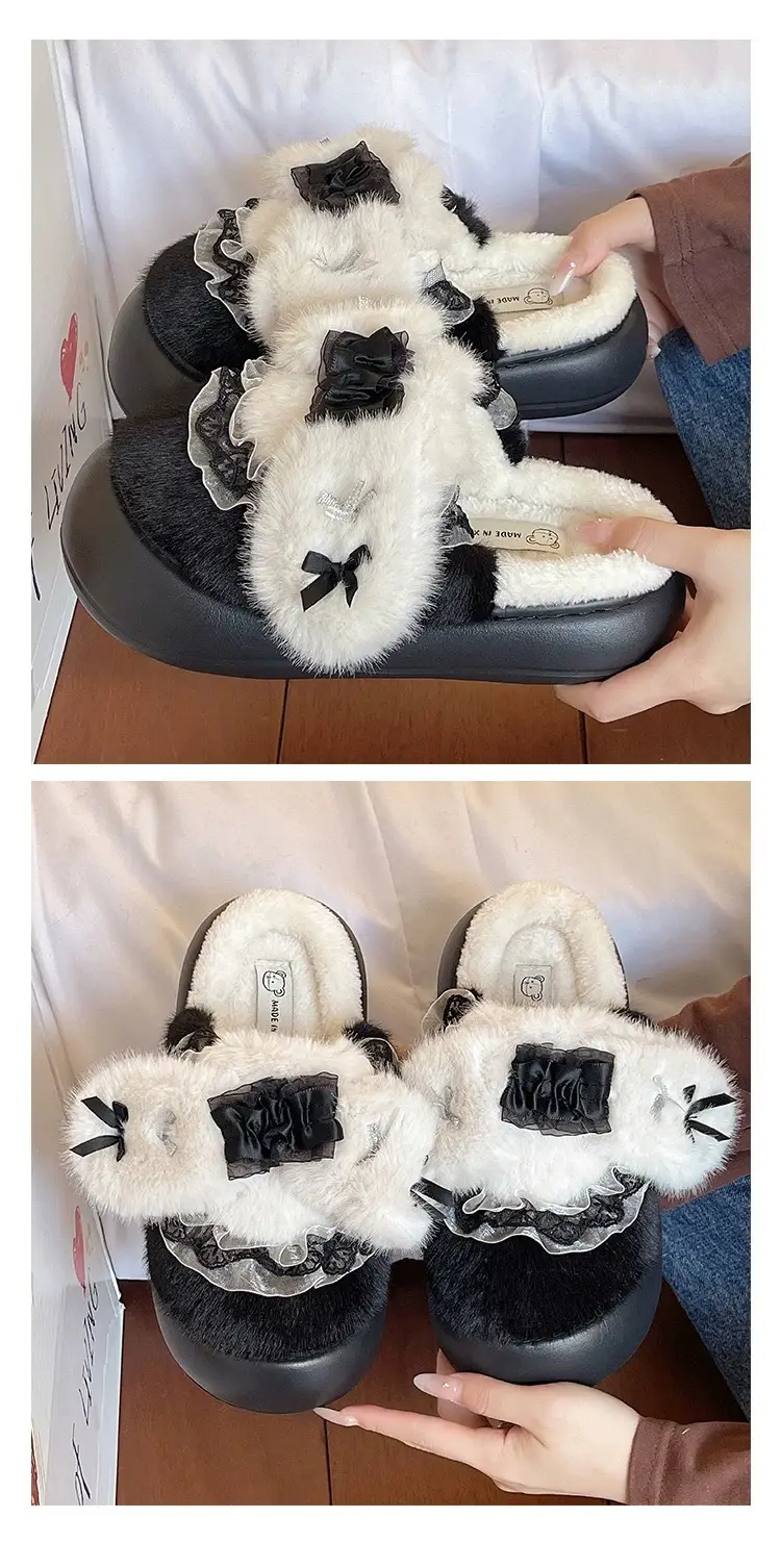 Cute Lace Bow Toe Cotton Slippers for Women in Winter Fleece-Lined to Keep Warm at Home and Outside Non-Slip Furry Slippers — feature 6