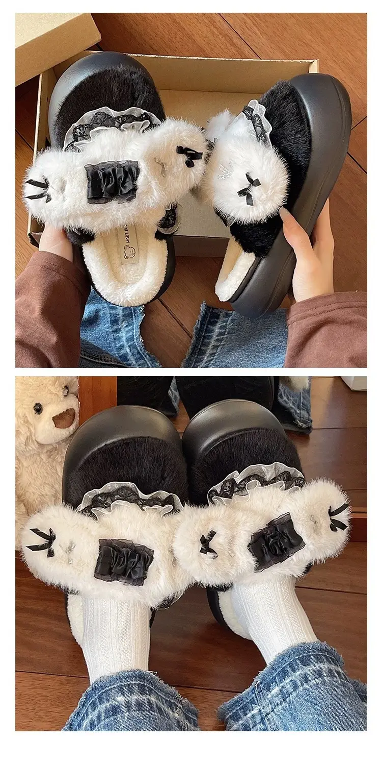 Cute Lace Bow Toe Cotton Slippers for Women in Winter Fleece-Lined to Keep Warm at Home and Outside Non-Slip Furry Slippers — feature 7