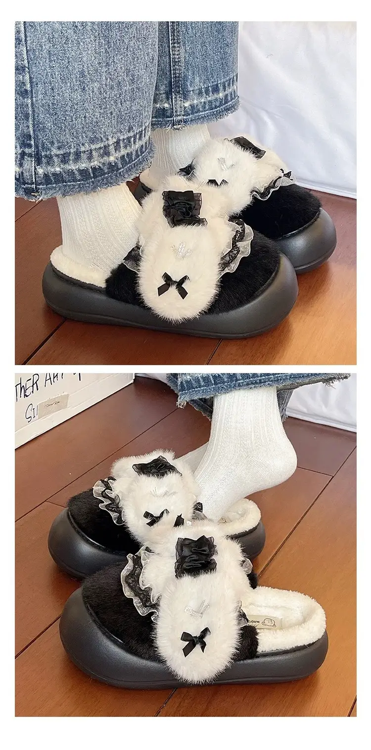Cute Lace Bow Toe Cotton Slippers for Women in Winter Fleece-Lined to Keep Warm at Home and Outside Non-Slip Furry Slippers — feature 8
