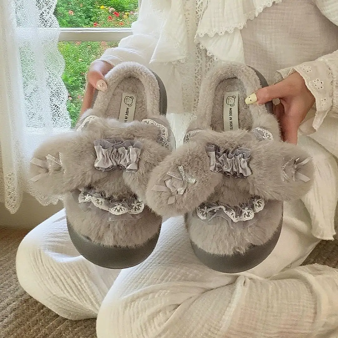 Cute Lace Bow Toe Cotton Slippers for Women in Winter Fleece-Lined to Keep Warm at Home and Outside Non-Slip Furry Slippers - Image 2