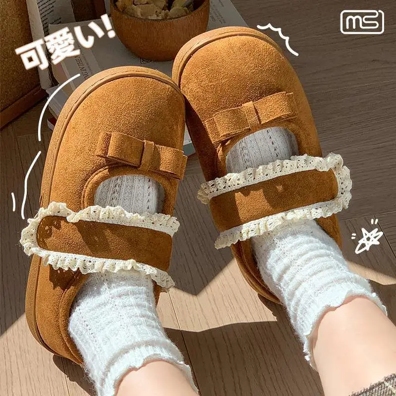 Fashionable Cotton Slippers Plus Velvet Beanie Shoes for Women with Lace Edge Velcro Anti-Slip Autumn and Winter Furry Shoes - Image 5