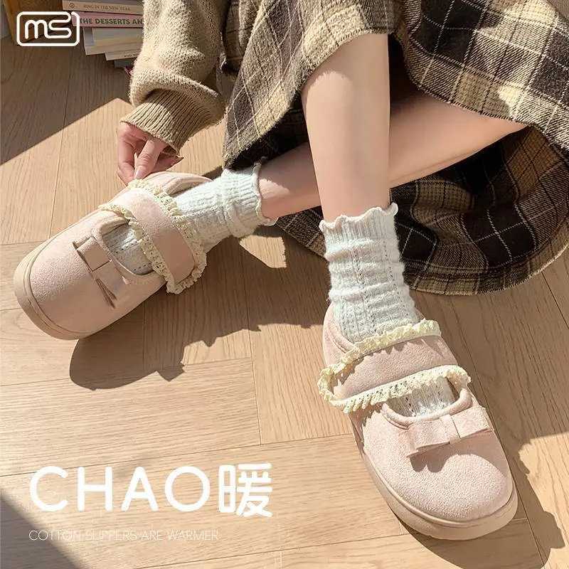 Fashionable Cotton Slippers Plus Velvet Beanie Shoes for Women with Lace Edge Velcro Anti-Slip Autumn and Winter Furry Shoes - Image 6