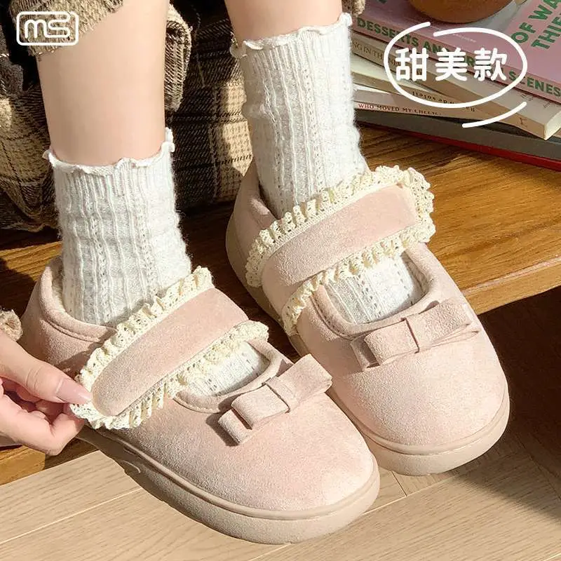 Fashionable Cotton Slippers Plus Velvet Beanie Shoes for Women with Lace Edge Velcro Anti-Slip Autumn and Winter Furry Shoes - Image 8