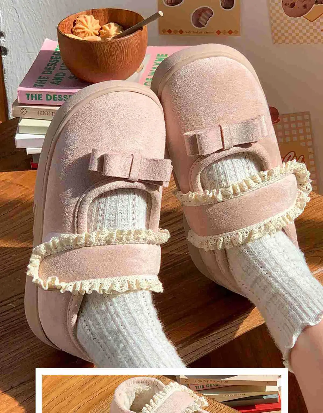 Fashionable Cotton Slippers Plus Velvet Beanie Shoes for Women with Lace Edge Velcro Anti-Slip Autumn and Winter Furry Shoes — feature 3