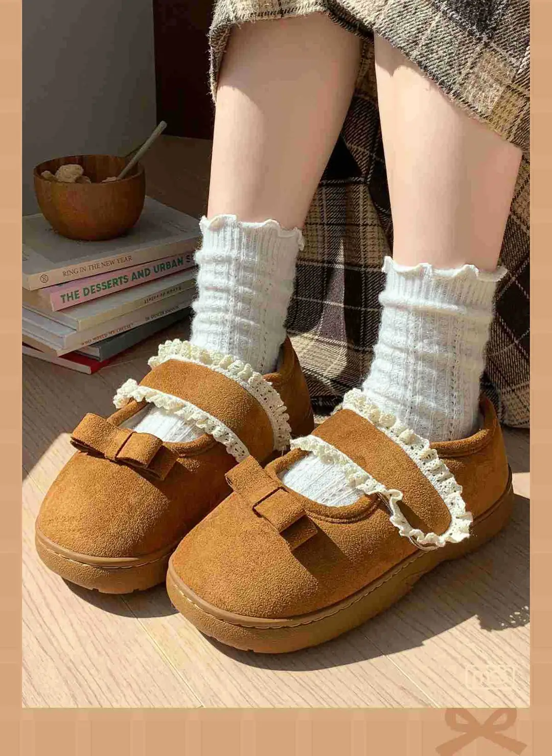 Fashionable Cotton Slippers Plus Velvet Beanie Shoes for Women with Lace Edge Velcro Anti-Slip Autumn and Winter Furry Shoes — feature 5