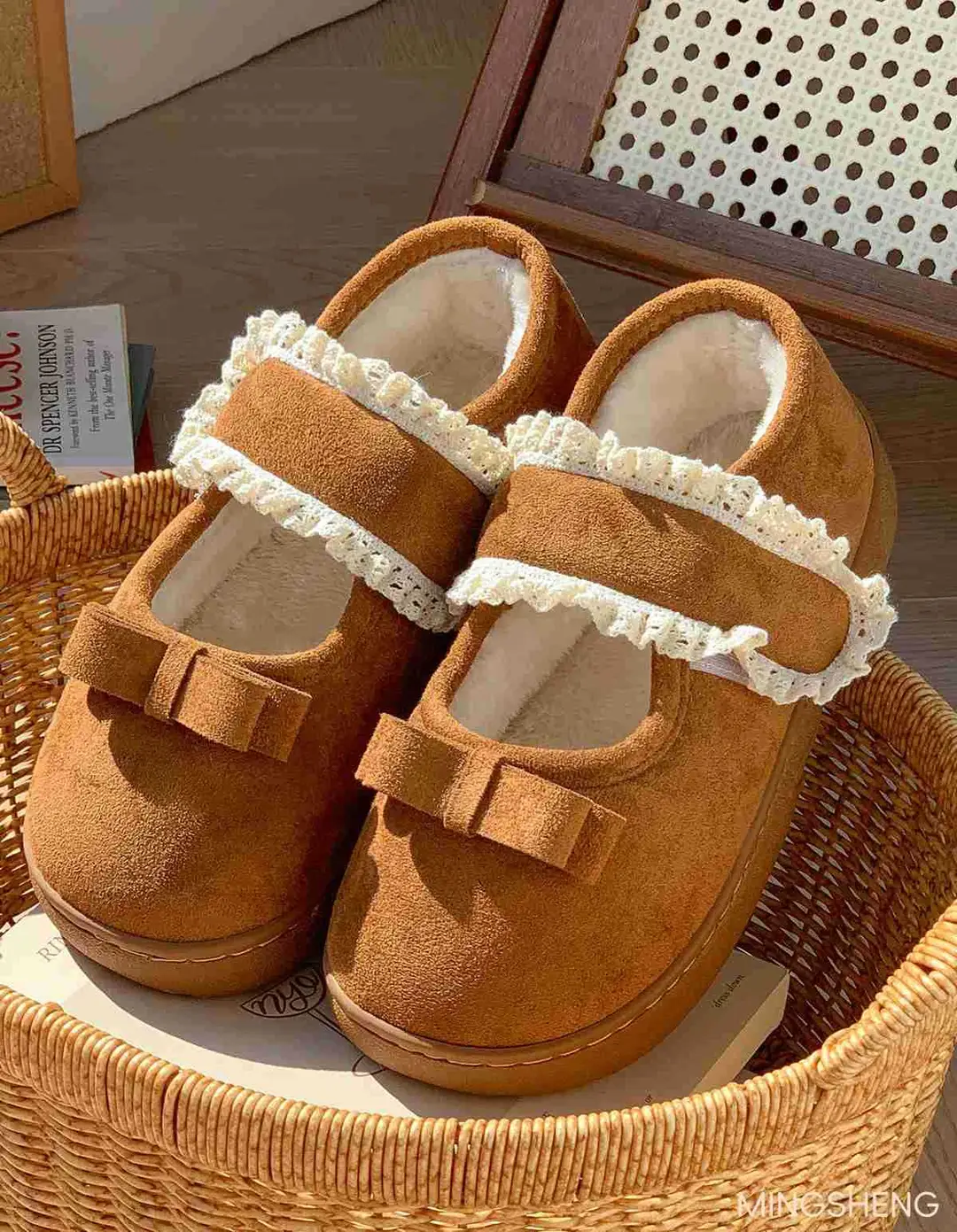 Fashionable Cotton Slippers Plus Velvet Beanie Shoes for Women with Lace Edge Velcro Anti-Slip Autumn and Winter Furry Shoes — feature 6