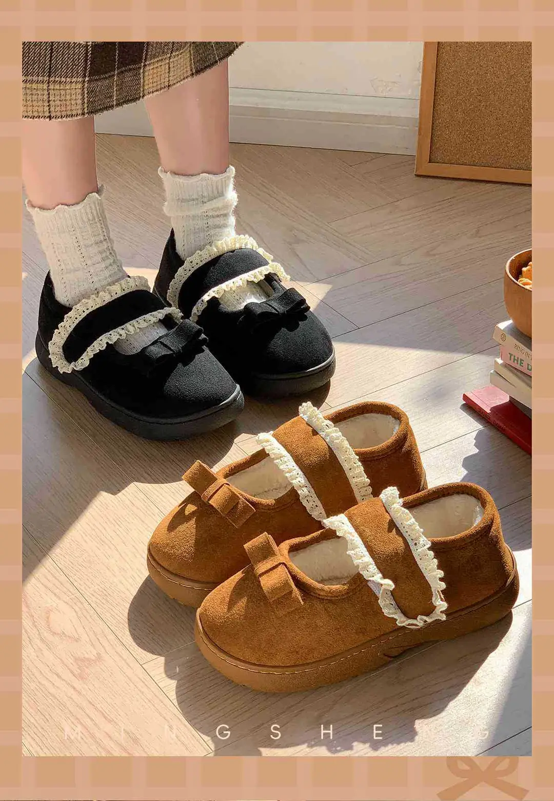 Fashionable Cotton Slippers Plus Velvet Beanie Shoes for Women with Lace Edge Velcro Anti-Slip Autumn and Winter Furry Shoes — feature 7