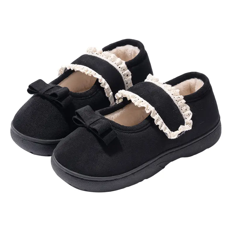 Fashionable Cotton Slippers Plus Velvet Beanie Shoes for Women with Lace Edge Velcro Anti-Slip Autumn and Winter Furry Shoes - Image 2