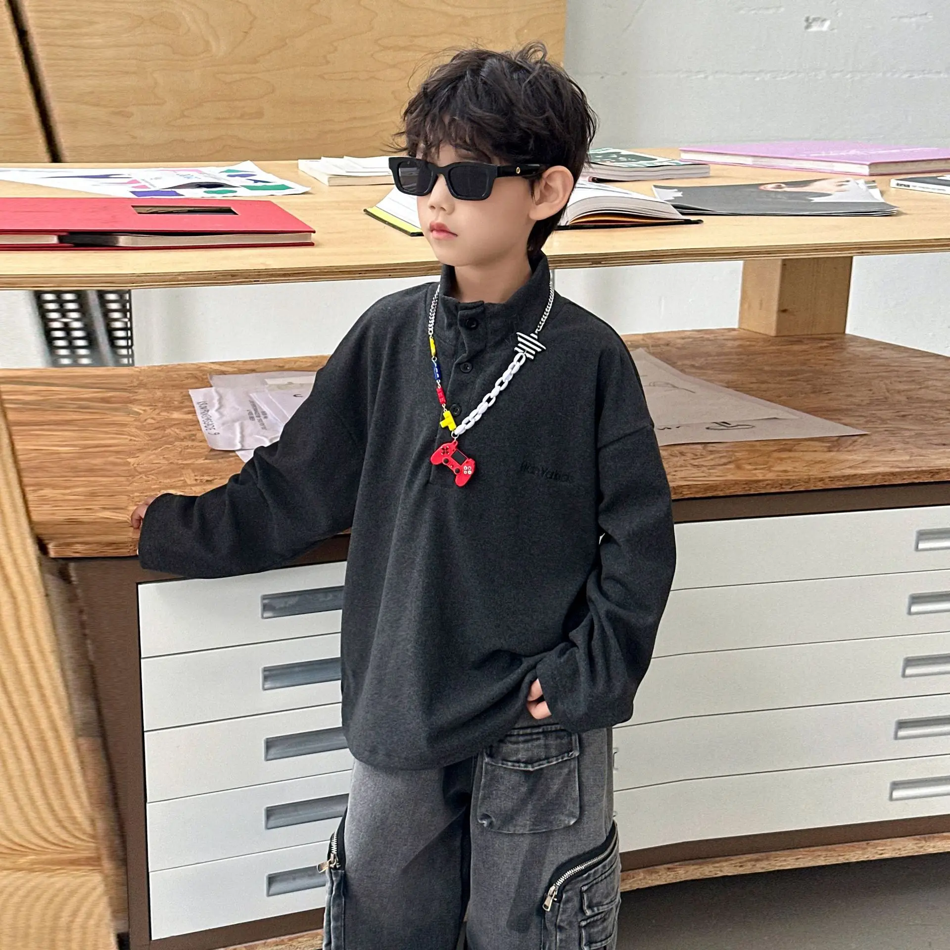 Kids Sweatshirt Set Black Long Sleeve 2025 Winter - Image 2