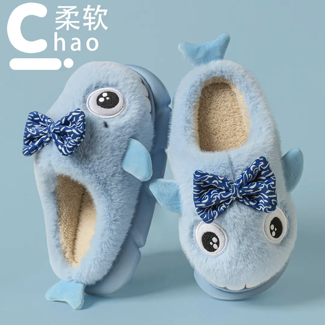 Cotton Slippers for Women in Winter Cute Little Shark Indoor Home Couple Family Lamb Plush Warm Slippers for Men in Winter - Image 7
