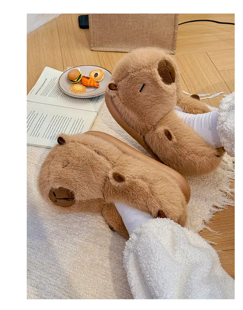 Qidan Shoe Factory Kapibara Cotton Slippers for Women in Autumn and Winter Home Indoor Fleece-Lined Warm Anti-Slip Couple Cotton Shoes for Men — feature 6