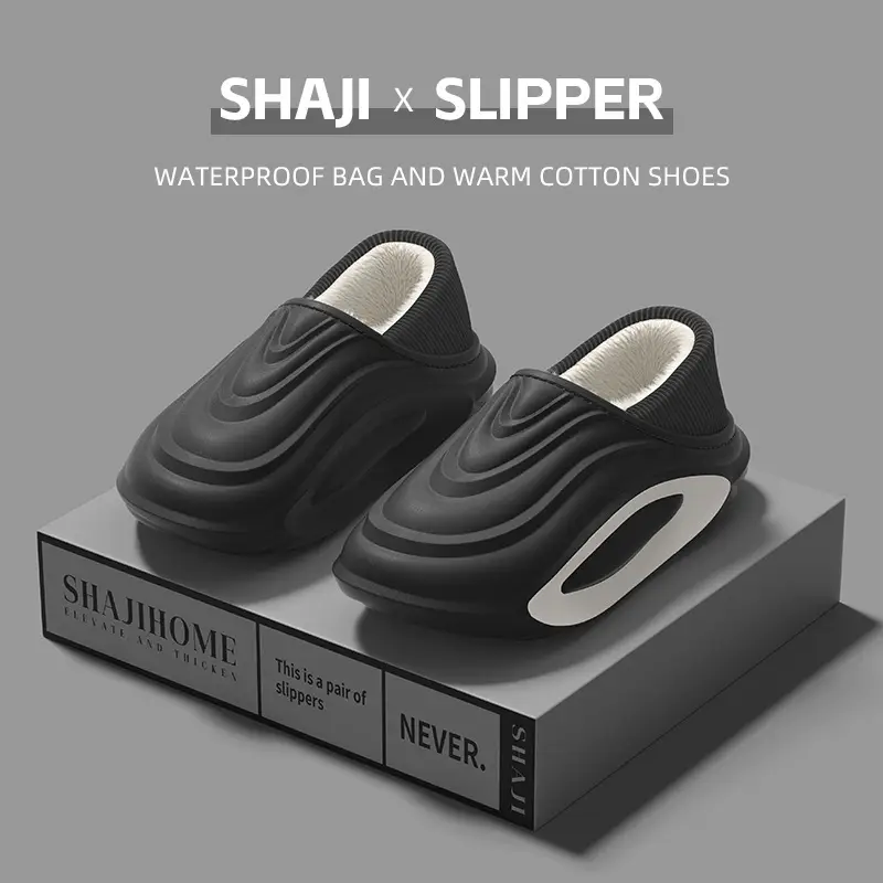 Waterproof Cotton Slippers for Men in Winter with Heel Indoor Home Non-Slip Thick Sole Warm Fleece-Lined Women's Cotton Shoes for Men to Wear Outside - Image 3