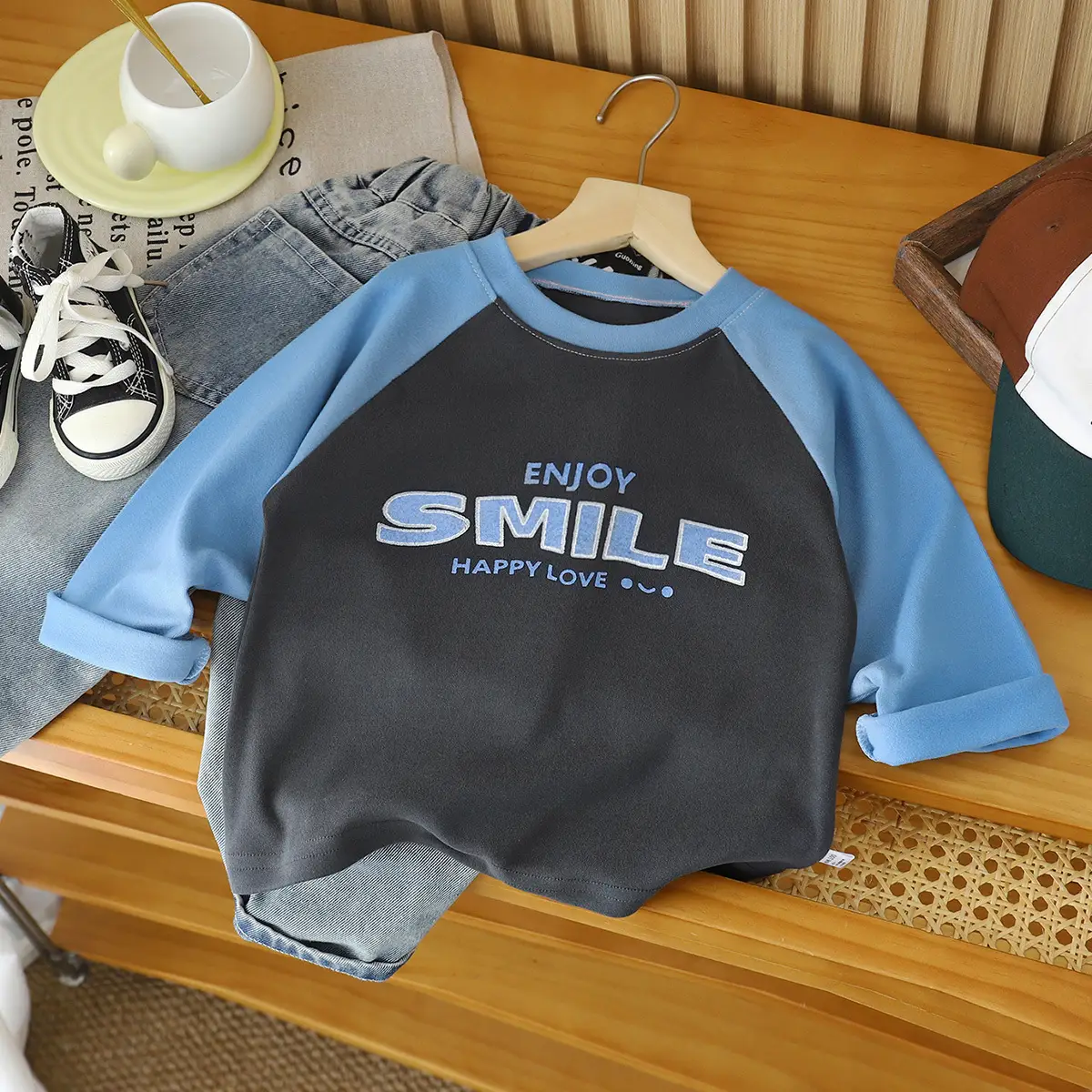 New Kids' Blue White Keep Simple Long Sleeve T-Shirt - Image 1