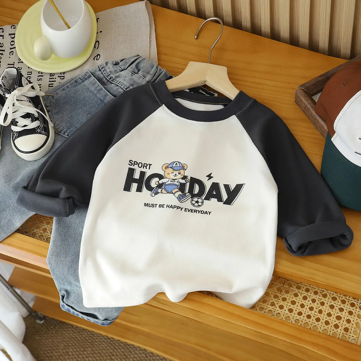 New Kids' Blue White Keep Simple Long Sleeve T-Shirt - Image 2