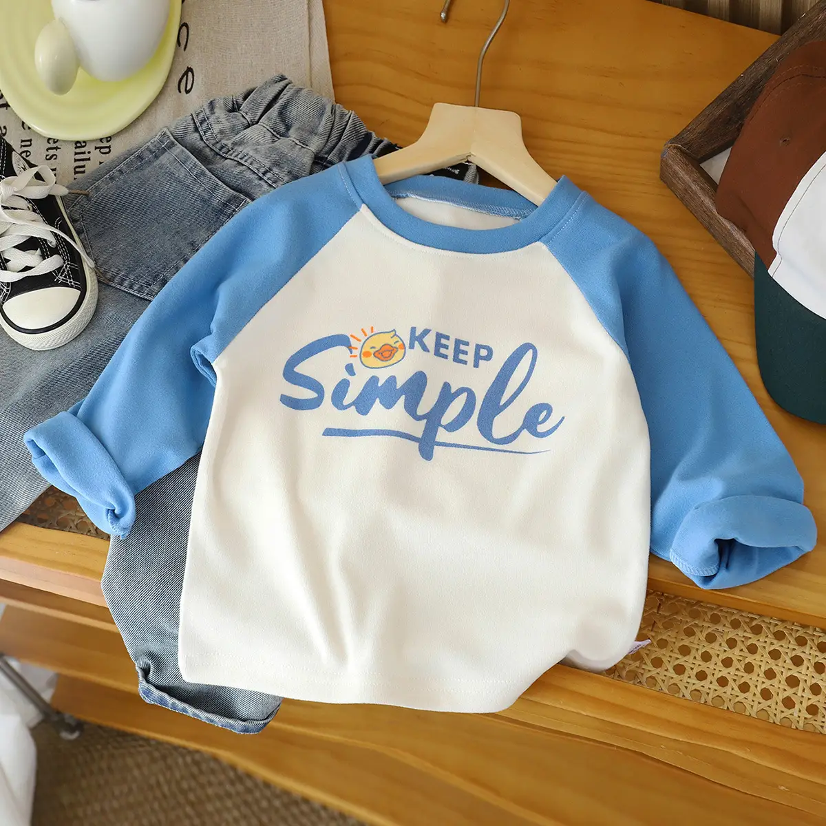 New Kids' Blue White Keep Simple Long Sleeve T-Shirt - Image 6