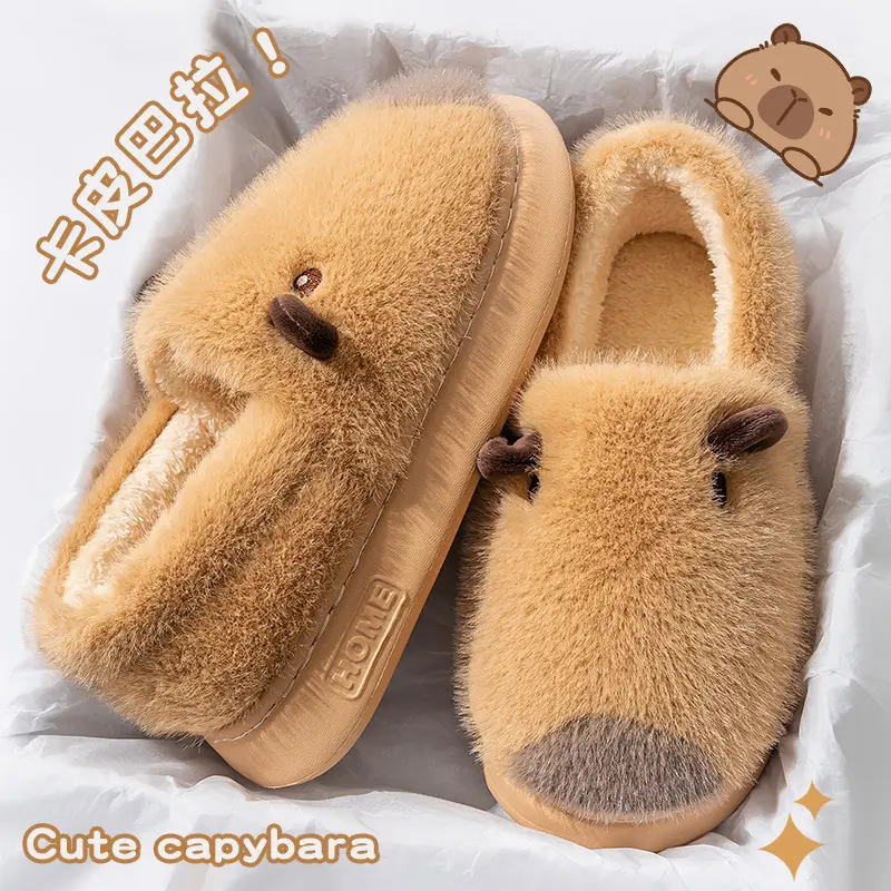 Covered Heel Cotton Slippers for Women's Home Use for Couples in Autumn and Winter Warm Furry Cute Capibara Velvet Soft-Soled Cotton Shoes - Image 2