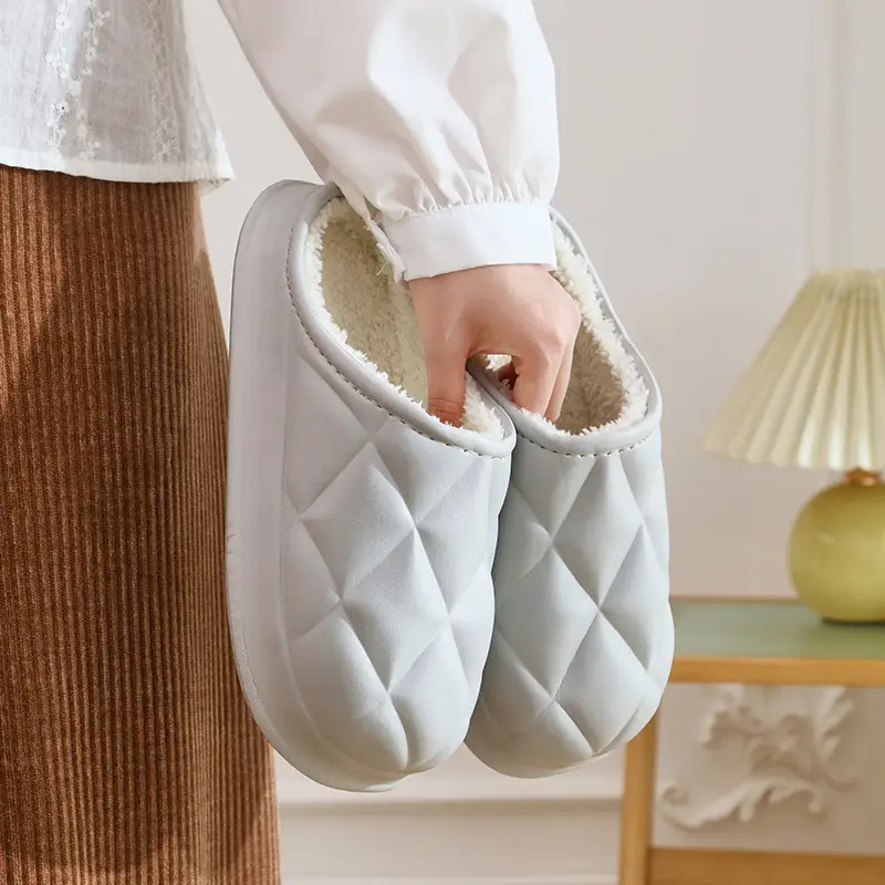 Women Winter Fleece Lined Slippers White Quilted - Image 12