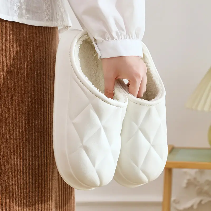 Women Winter Fleece Lined Slippers White Quilted - Image 9