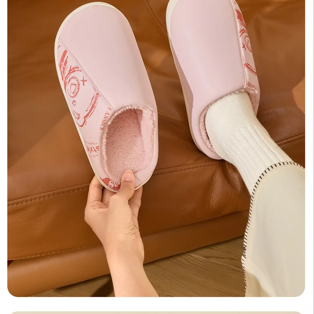 Jialiya Leather Waterproof Cotton Slippers for Men in Autumn and Winter Indoor Home Non-Slip Fleece-Lined Warm Couple Cotton Slippers for Women — feature 21