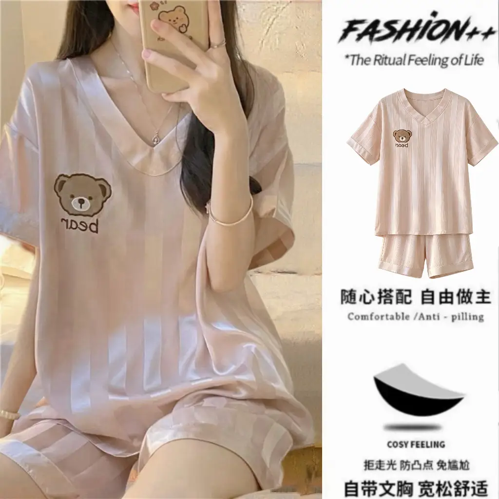 New Ice Silk Pajamas for Women Summer Short-Sleeved Ins Sweet Silk Cute Bear Can Be Worn Outside V Neck Home Clothes Set