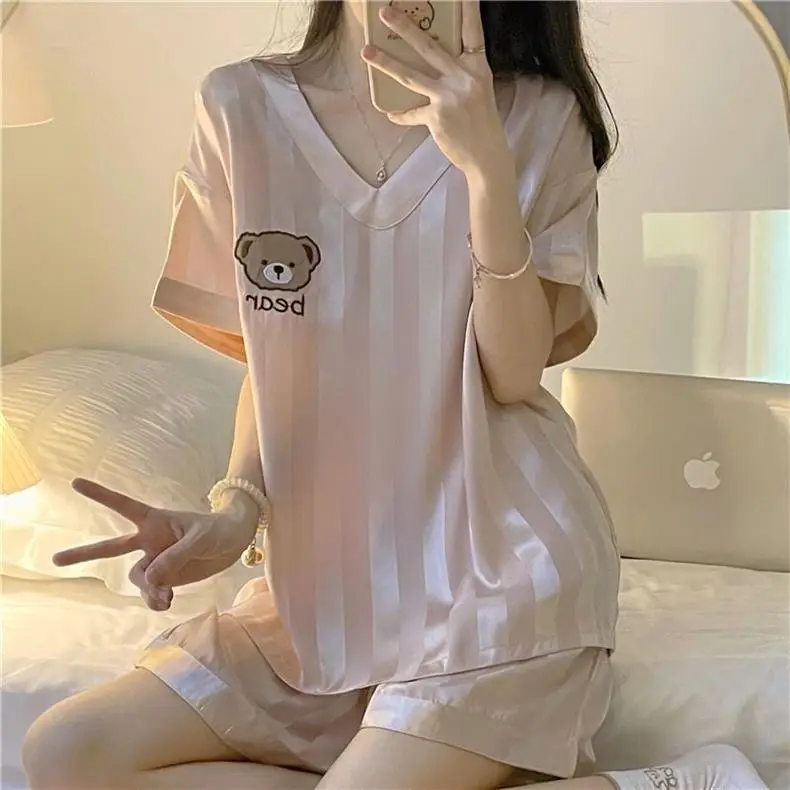 New Ice Silk Pajamas for Women Summer Short-Sleeved Ins Sweet Silk Cute Bear Can Be Worn Outside V Neck Home Clothes Set — feature 7