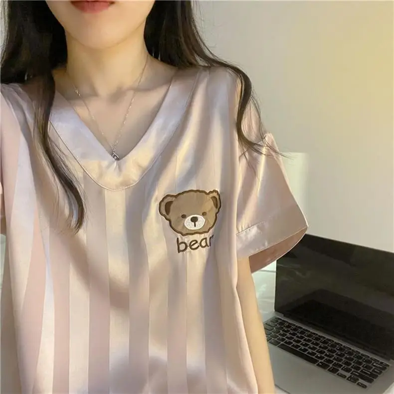 New Ice Silk Pajamas for Women Summer Short-Sleeved Ins Sweet Silk Cute Bear Can Be Worn Outside V Neck Home Clothes Set — feature 8
