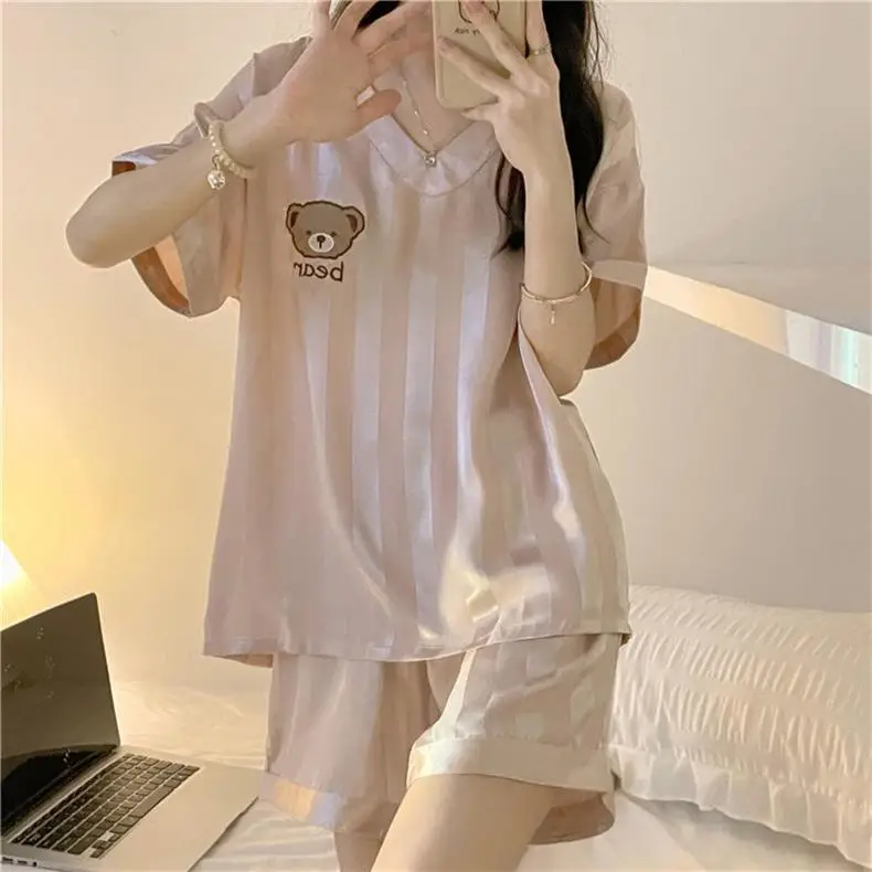 New Ice Silk Pajamas for Women Summer Short-Sleeved Ins Sweet Silk Cute Bear Can Be Worn Outside V Neck Home Clothes Set — feature 9