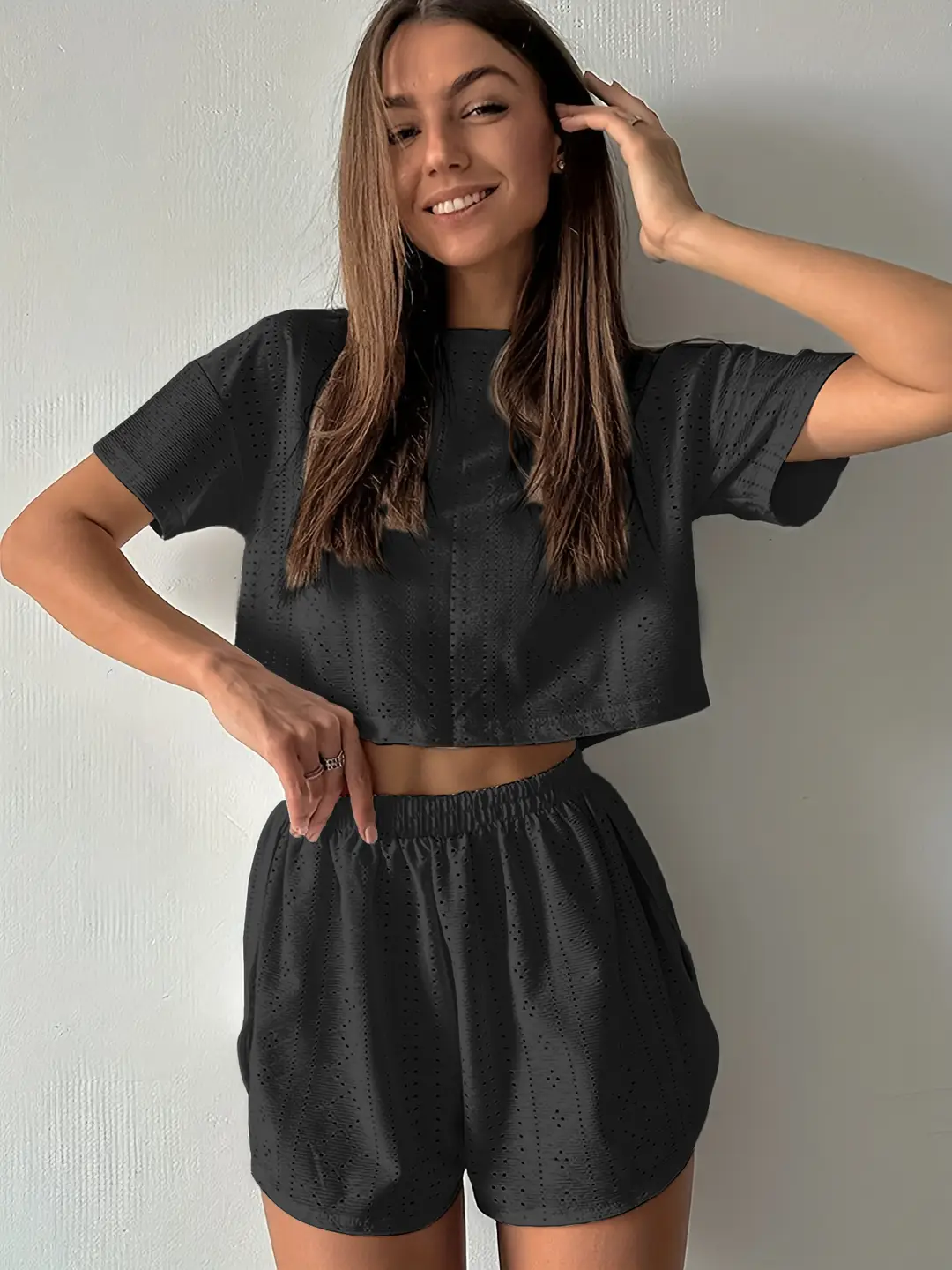 Russian Women's Pajamas Cut Out Breathable Sexy Short-Sleeved Shorts Slit Home Clothes Two Pieces Пижама — feature 12