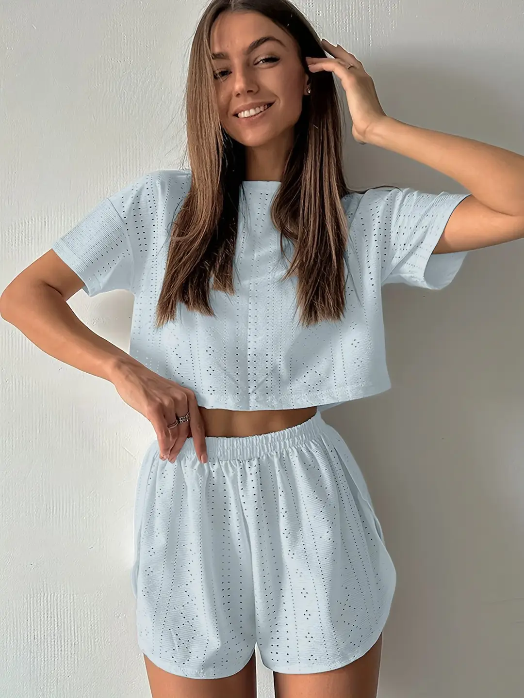 Russian Women's Pajamas Cut Out Breathable Sexy Short-Sleeved Shorts Slit Home Clothes Two Pieces Пижама — feature 19
