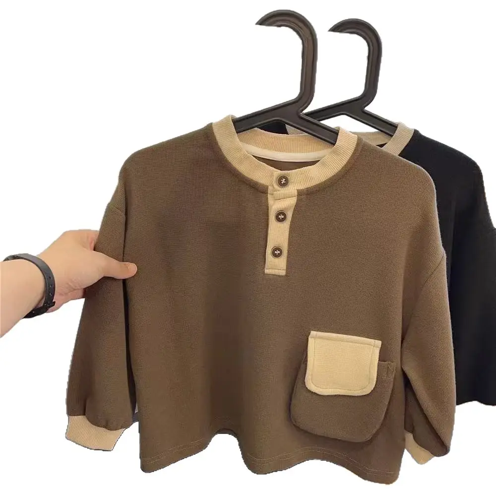 New Boys Long Sleeve T-Shirt Black Beige Button Front - Image 7