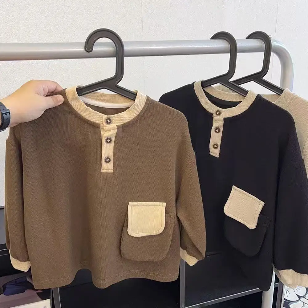 New Boys Long Sleeve T-Shirt Black Beige Button Front — feature 1