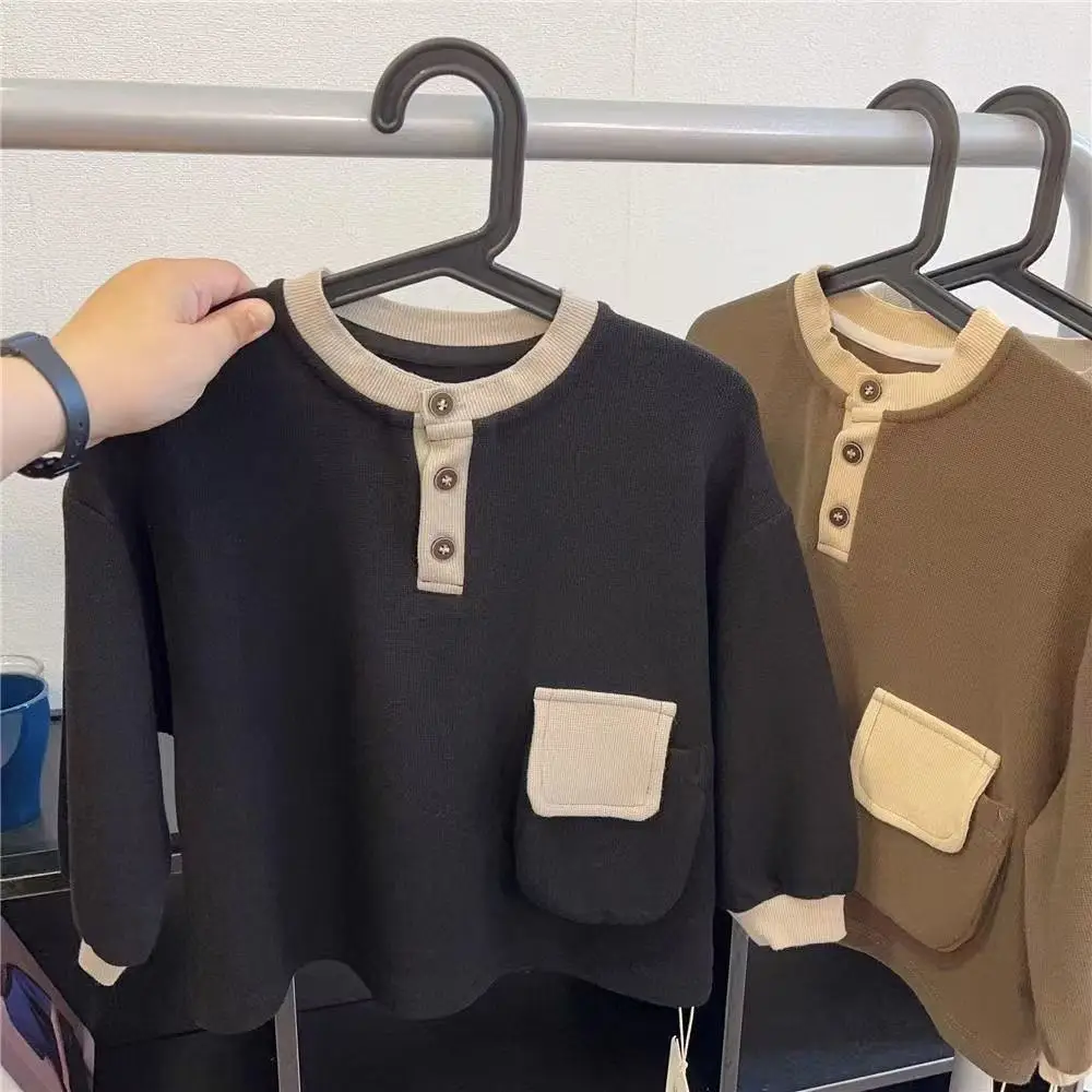 New Boys Long Sleeve T-Shirt Black Beige Button Front — feature 2