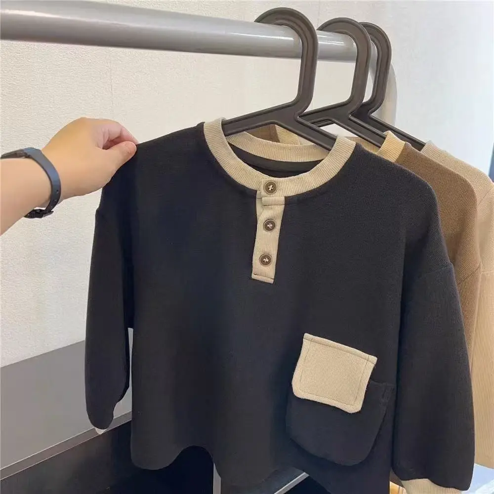New Boys Long Sleeve T-Shirt Black Beige Button Front — feature 4