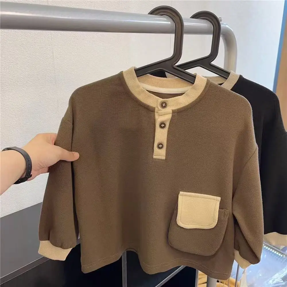 New Boys Long Sleeve T-Shirt Black Beige Button Front — feature 5