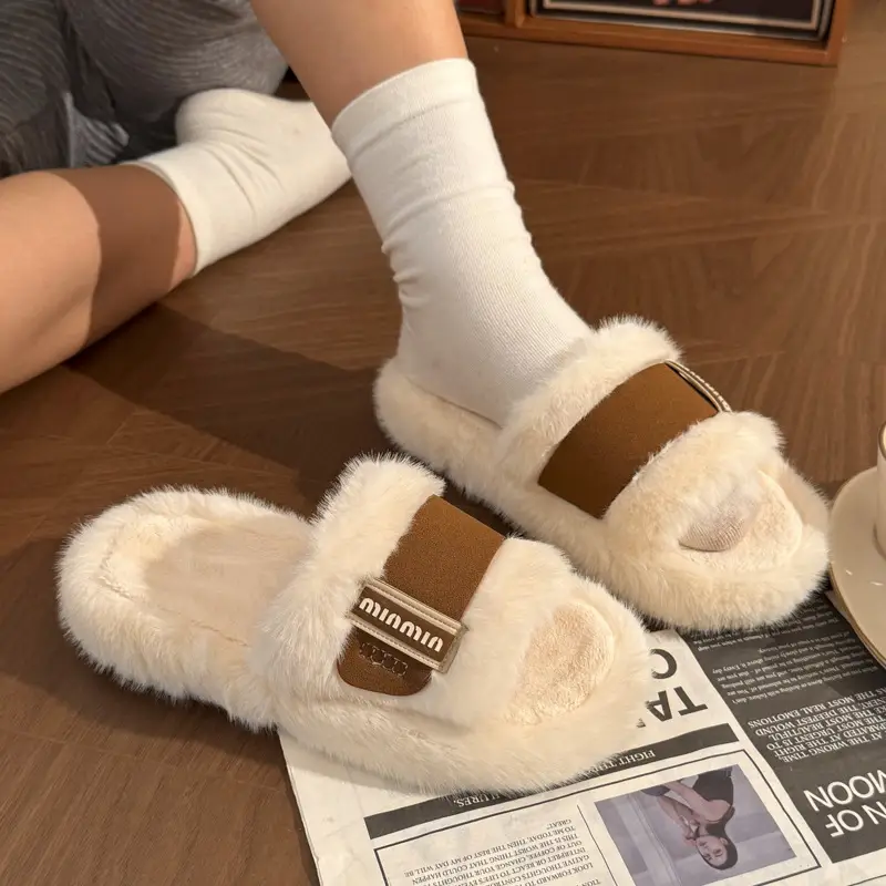 2025 Cotton Slippers for Women Winter New Korean Style Thick-Soled Non-Slip Comfortable Home Fashion Soft-Soled Furry Slippers for Outer Wear