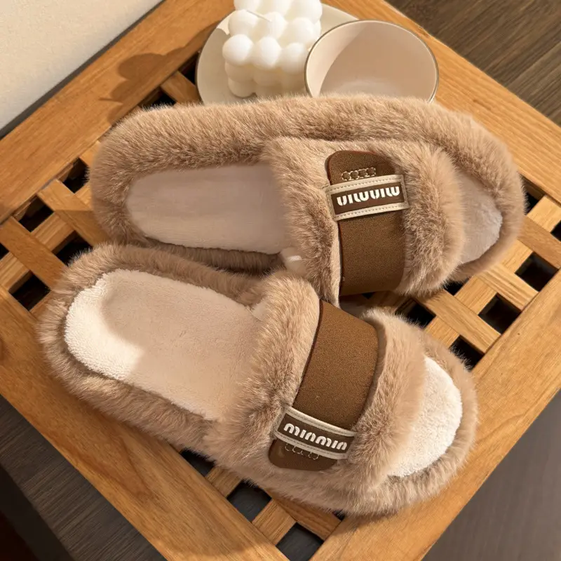 2025 Cotton Slippers for Women Winter New Korean Style Thick-Soled Non-Slip Comfortable Home Fashion Soft-Soled Furry Slippers for Outer Wear