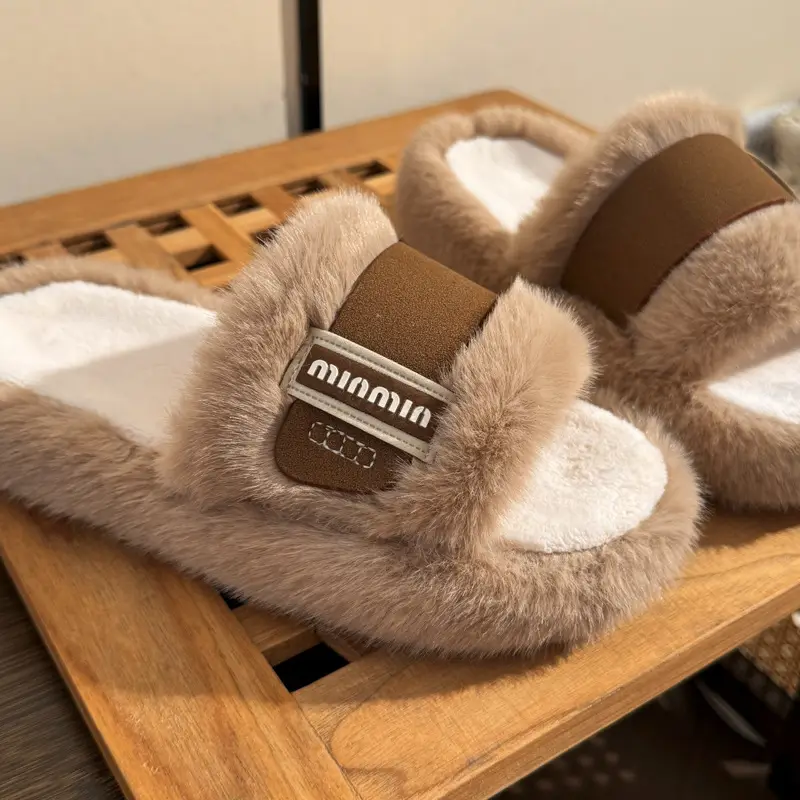 2025 Cotton Slippers for Women Winter New Korean Style Thick-Soled Non-Slip Comfortable Home Fashion Soft-Soled Furry Slippers for Outer Wear