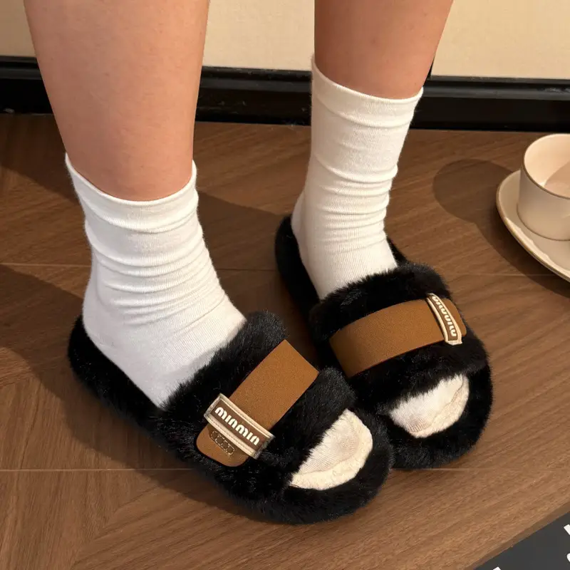 New Fashionable and Versatile Home Furry Slippers for Women in Autumn and Winter Indoor Home Thick-Soled Anti-Slip Open Slippers - Image 6