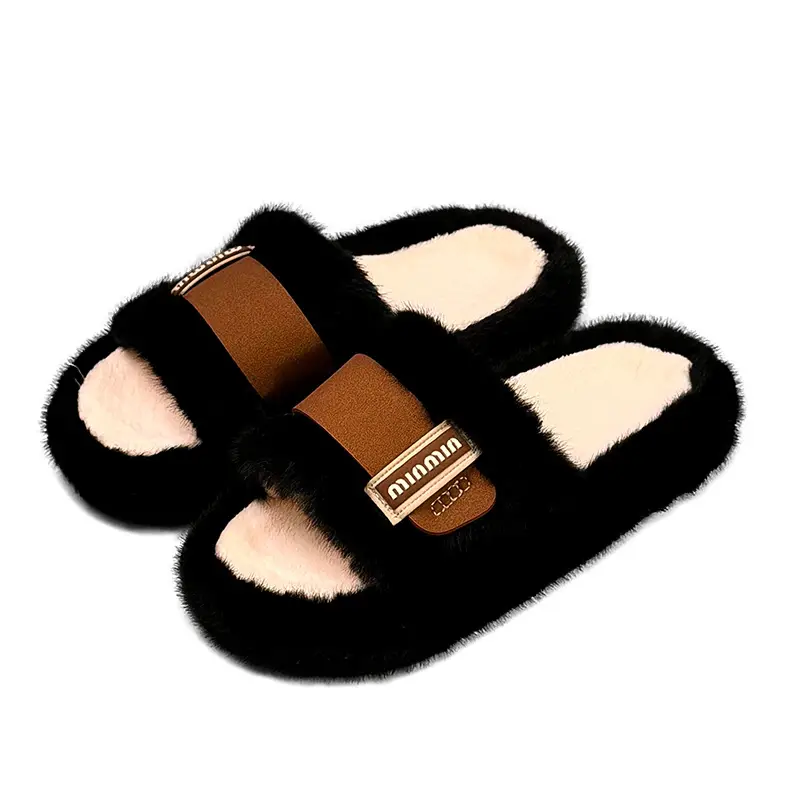 New Fashionable and Versatile Home Furry Slippers for Women in Autumn and Winter Indoor Home Thick-Soled Anti-Slip Open Slippers - Image 3