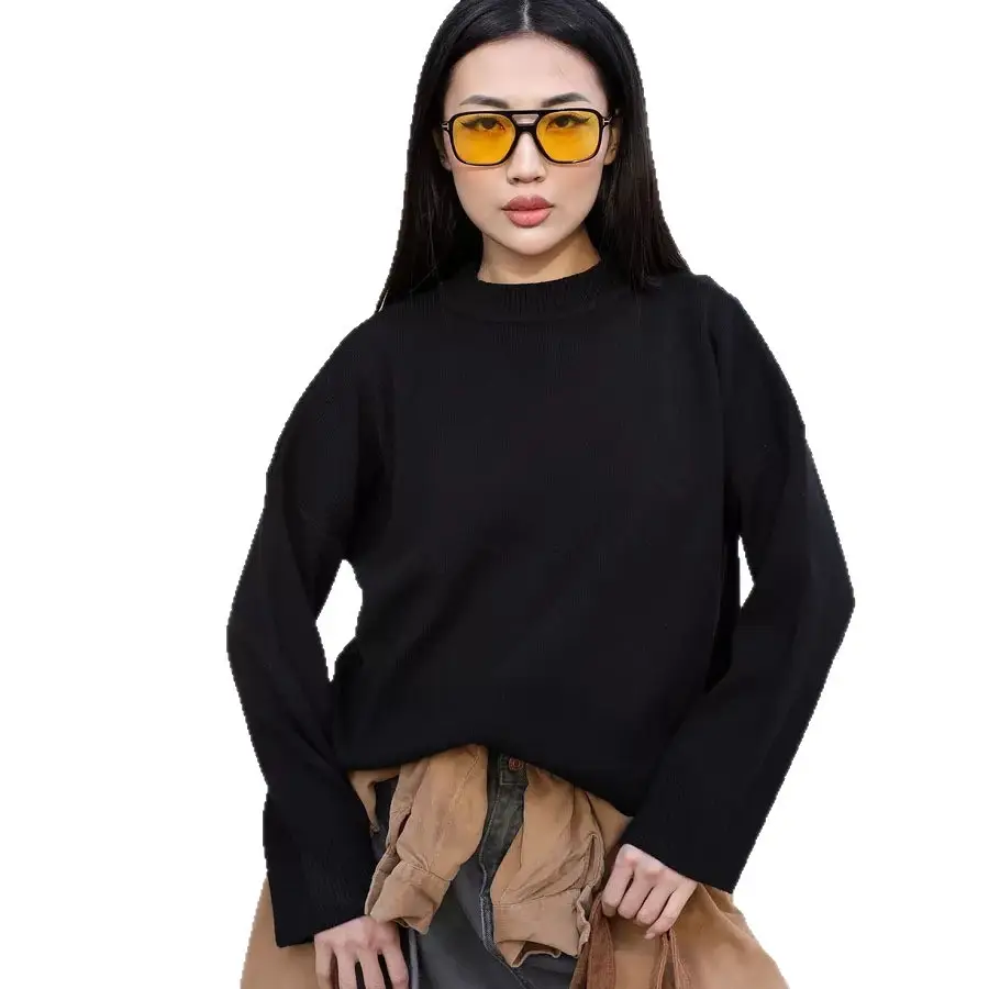 2025 Cross-Border Trade Hot-Selling Russian Bestseller Solid Color Crew Neck Sweater for Women, Soft Knit Casual Loose Top