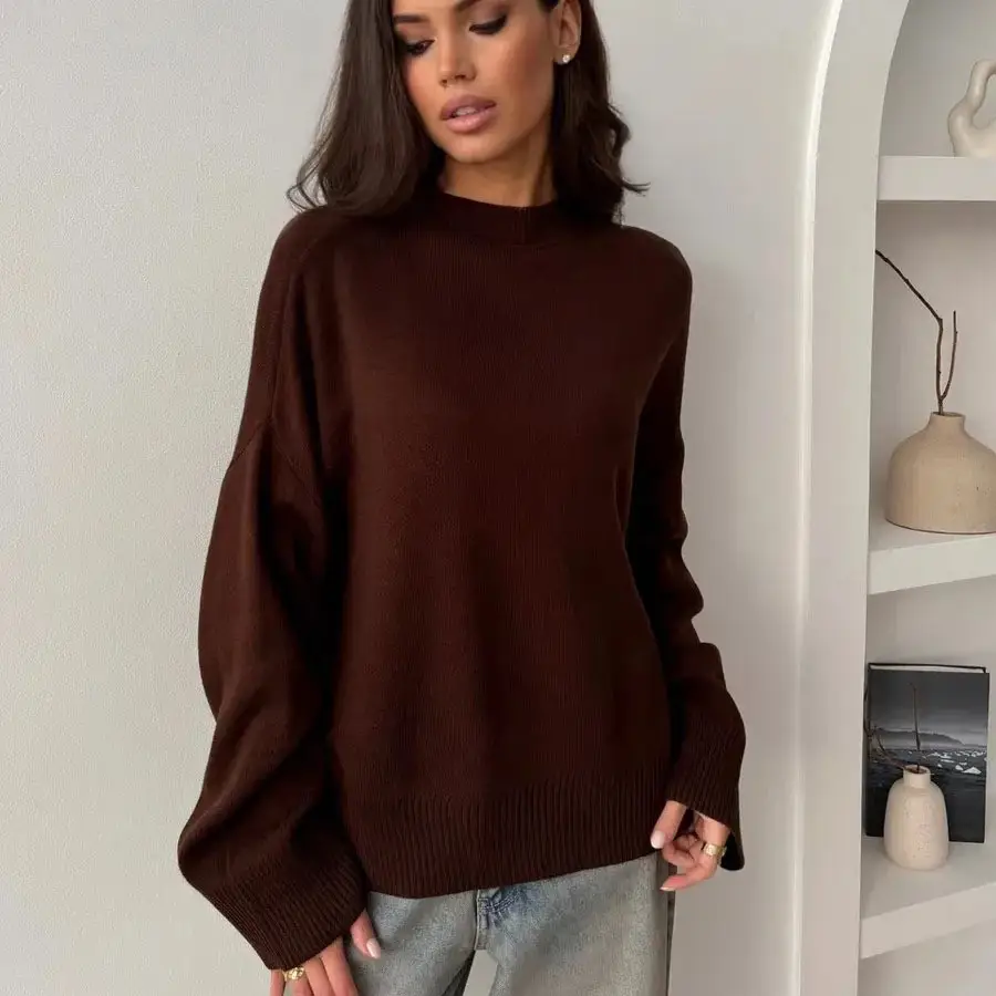 2025 Cross-Border Trade Hot-Selling Russian Bestseller Solid Color Crew Neck Sweater for Women, Soft Knit Casual Loose Top