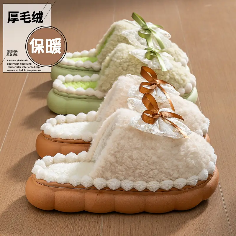Women Cotton Slipper Green Bow Winter Warm Indoor - Image 5