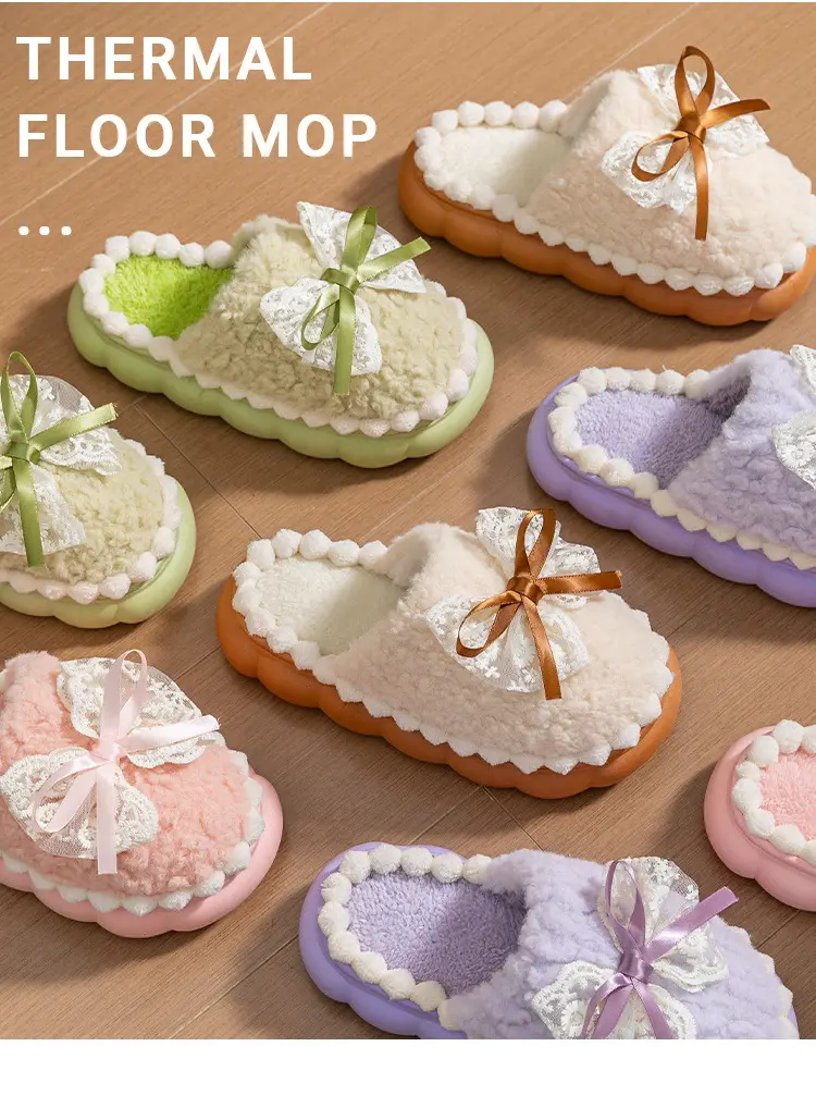 Women Cotton Slipper Green Bow Winter Warm Indoor — feature 13