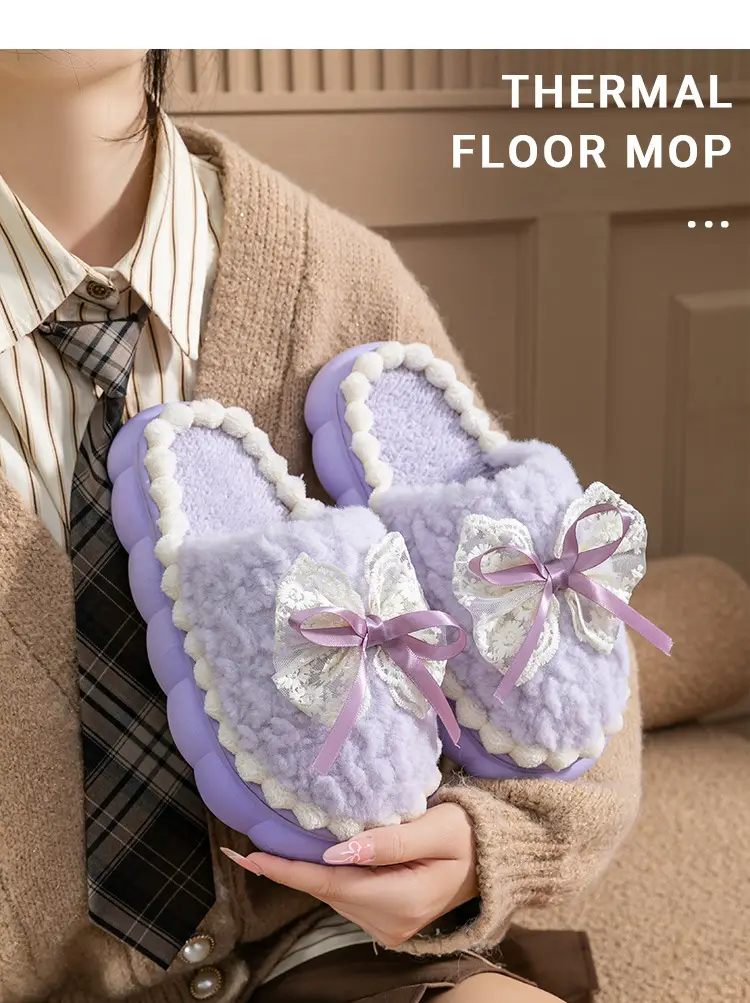 Women Cotton Slipper Green Bow Winter Warm Indoor — feature 16