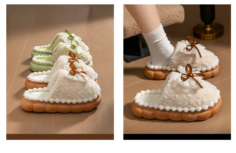 Women Cotton Slipper Green Bow Winter Warm Indoor — feature 22