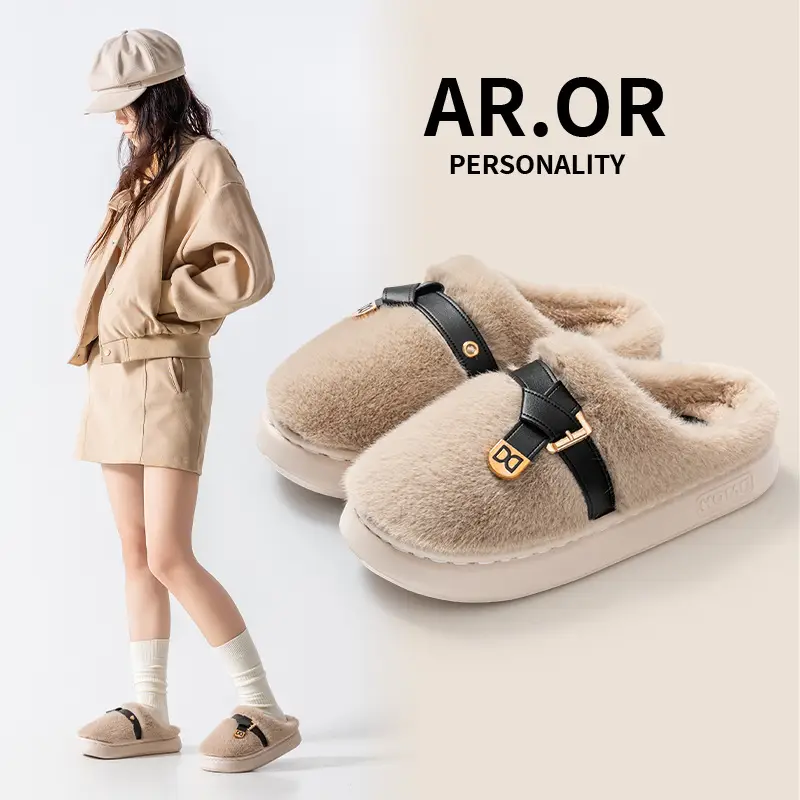 Internet Celebrity Furry Slippers for Women, Winter Fashionable Outer Wear Cotton Slippers, Thick-Soled Non-Slip Warm Home Plush Cotton Slippers - Image 5