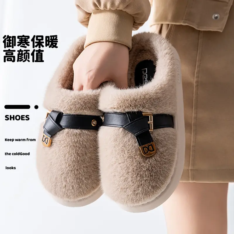 Internet Celebrity Furry Slippers for Women, Winter Fashionable Outer Wear Cotton Slippers, Thick-Soled Non-Slip Warm Home Plush Cotton Slippers - Image 6