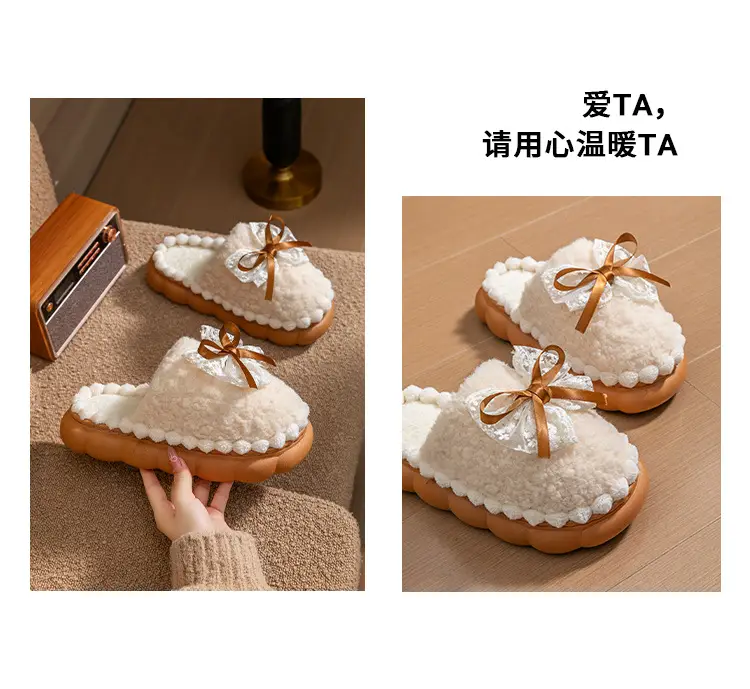 Women Cotton Bow Slippers Winter Warm Indoor — feature 15